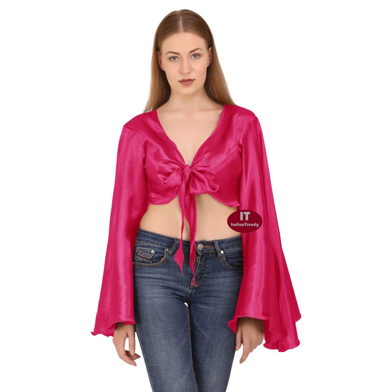 Indian Trendy Women's Satin Flair Wrap Tie Top Choli Blouse Belly Dance Gypsy - O - Deep Pink - Image 2